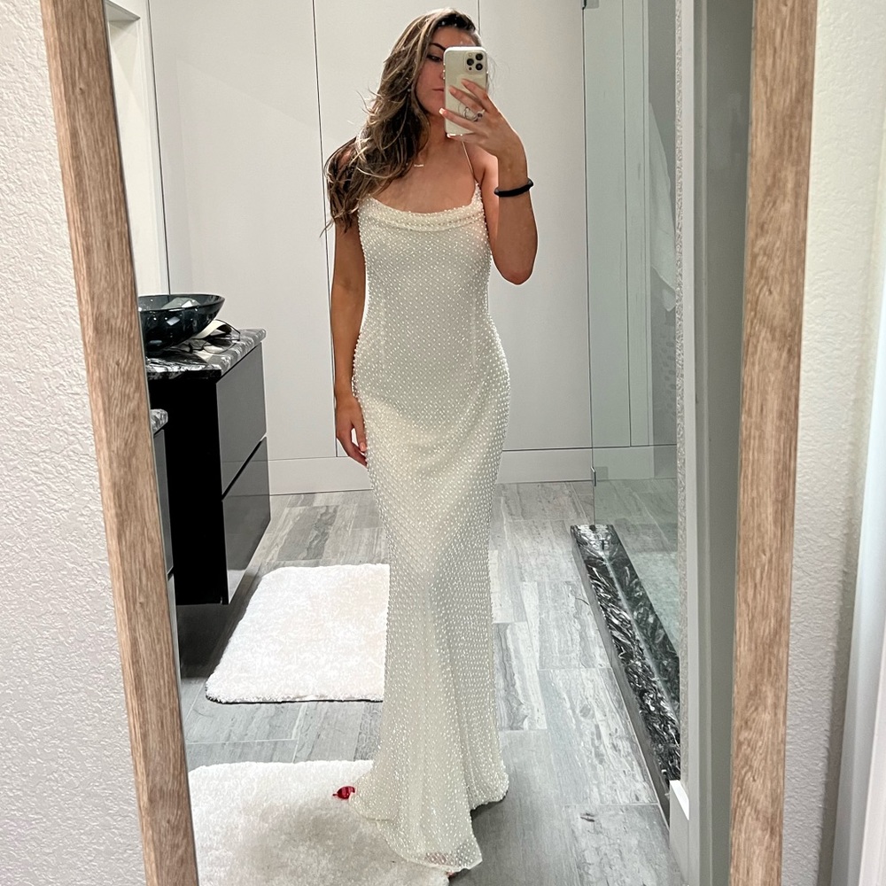 Slinky Pearl Beaded Mac Duggal Dress - Bridal